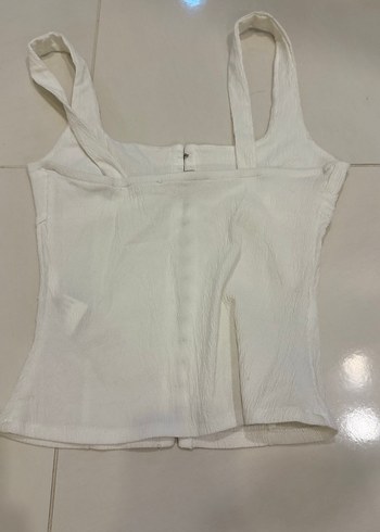 Düğmeli Beyaz Keten Büstiyer - Görsel 2