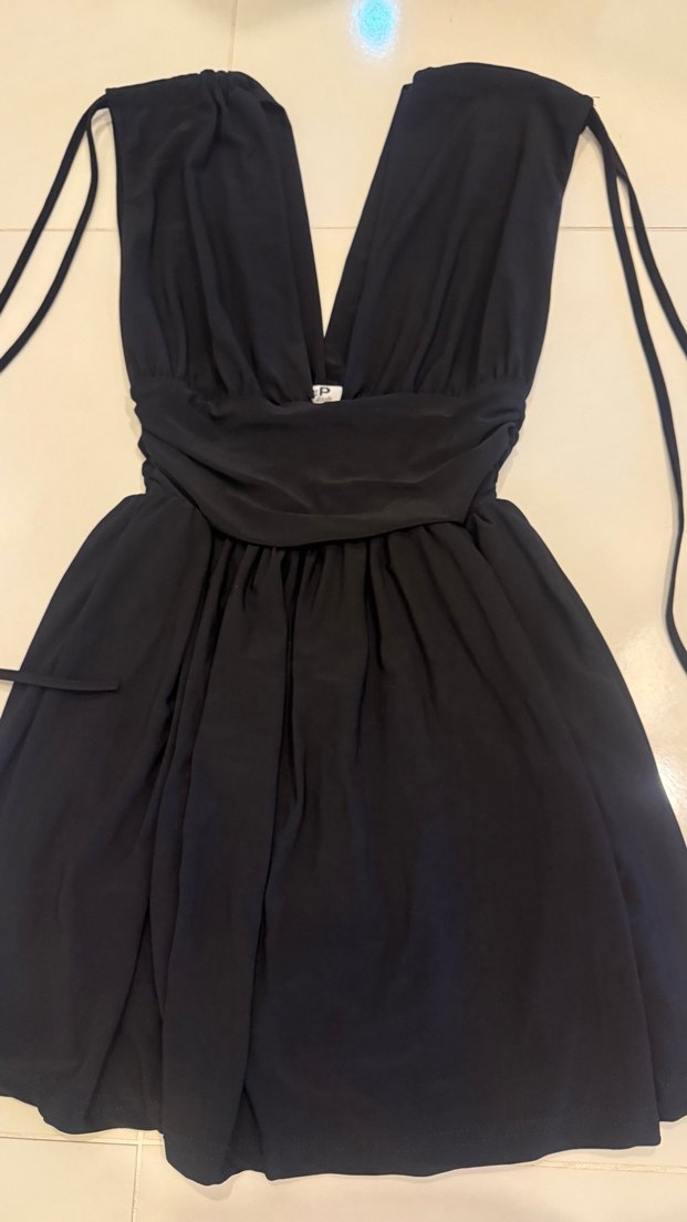 Siyah Uzun V Yaka Drapeli Abiye Elbise - Görsel 2