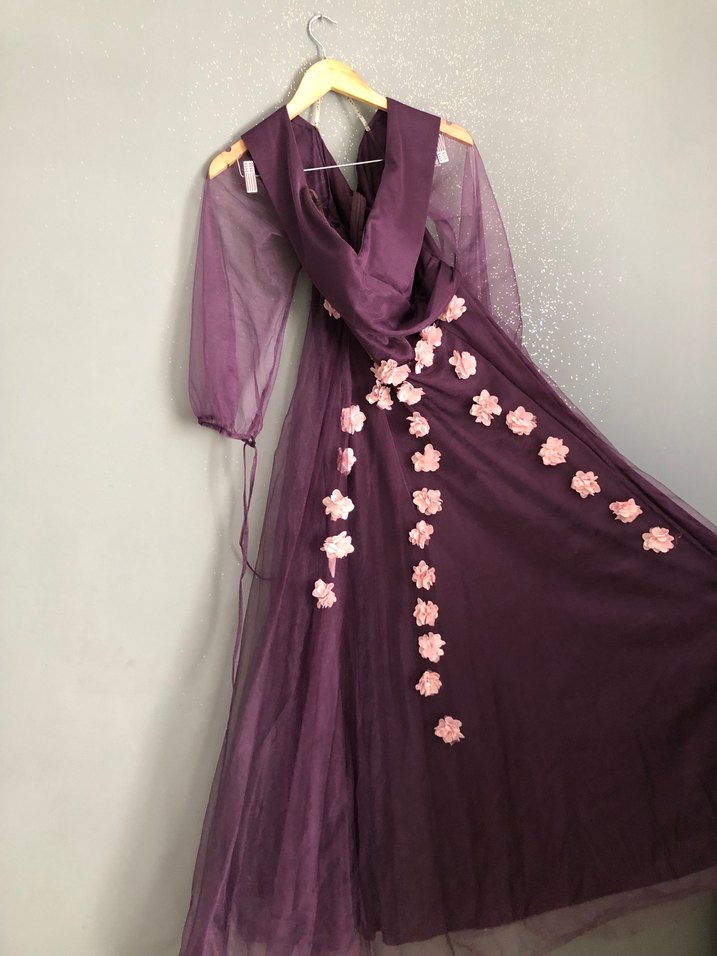 Mor Çiçek Desenli Uzun Bohem Kadın Elbise - Görsel 3