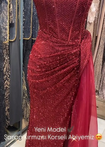 Bordo Drapeli Uzun Straplez Abiye Elbise - Görsel 2