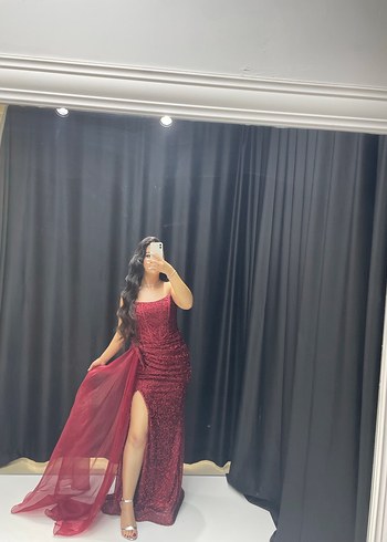 Bordo Drapeli Straplez Uzun Abiye - Görsel 2