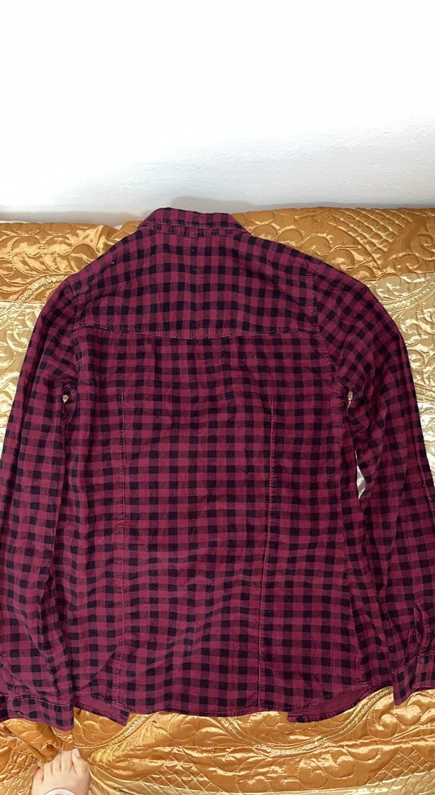 Düğmeli Bordo Desenli Sokak Stili Kadın Gömlek - Görsel 3