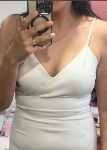 Beyaz Asimetrik İnce Askılı İncili Nikah Elbisesi - Görsel 4