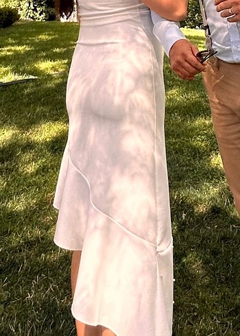 Beyaz Asimetrik İnce Askılı İncili Nikah Elbisesi - Görsel 2