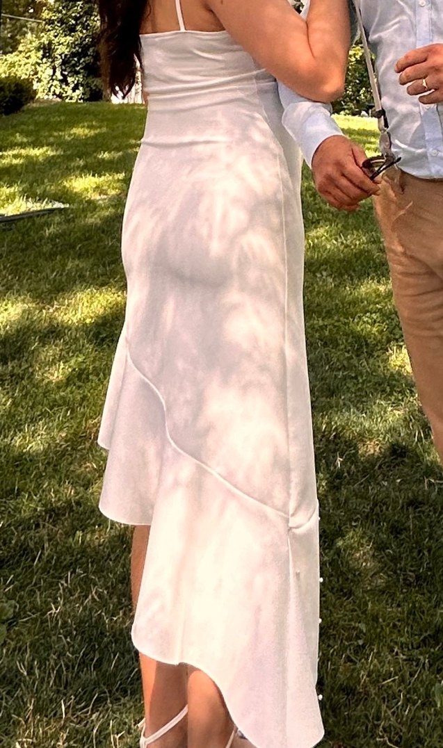 Beyaz Asimetrik İnce Askılı İncili Nikah Elbisesi - Görsel 2