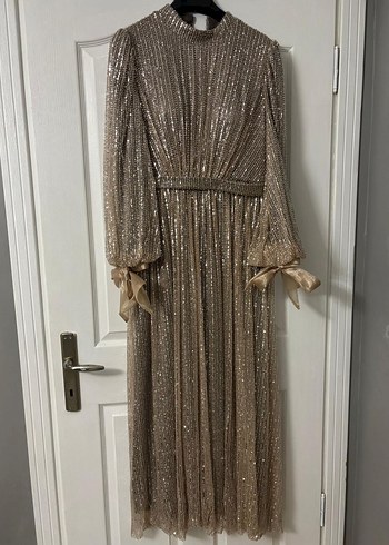 Bej Uzun Kollu İşlemeli Abiye Elbise - Görsel 2