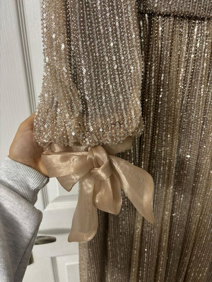 Bej Uzun Kollu İşlemeli Abiye Elbise - Görsel 3