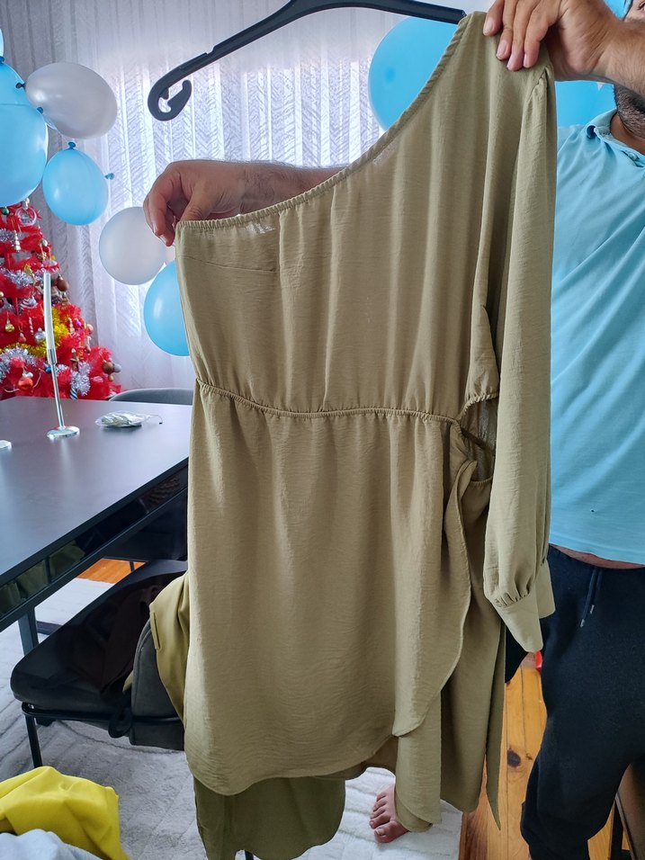 Bej Salaş Keten davet elbisesi - Görsel 2