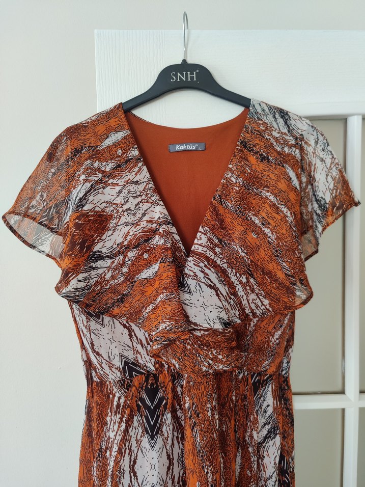 turuncu Desenli Bohem Uzun Elbise - Görsel 2