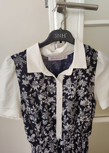 Beyaz Yaka Detaylı lacivert Çiçekli Midi Elbise - Görsel 3