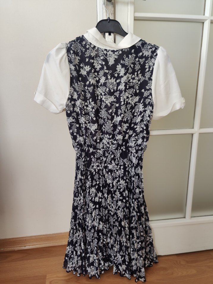 Beyaz Yaka Detaylı lacivert Çiçekli Midi Elbise - Görsel 2