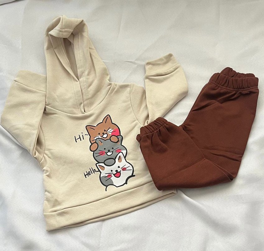 Kız Çocuk Kapüşonlu Sweatshirt ve Kahverengi Eşofman - Görsel 2