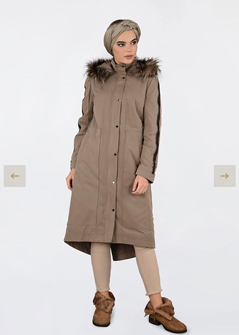 Kürklü Kapüşonlu Bej Kaban-parka - Görsel 4