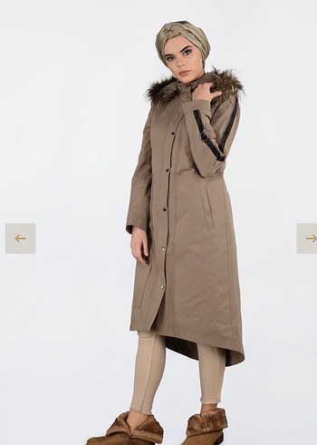 Kürklü Kapüşonlu Bej Kaban-parka - Görsel 3