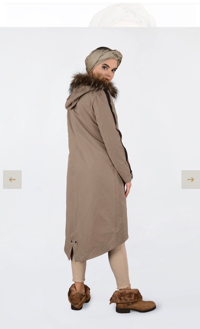 Kürklü Kapüşonlu Bej Kaban-parka - Görsel 2