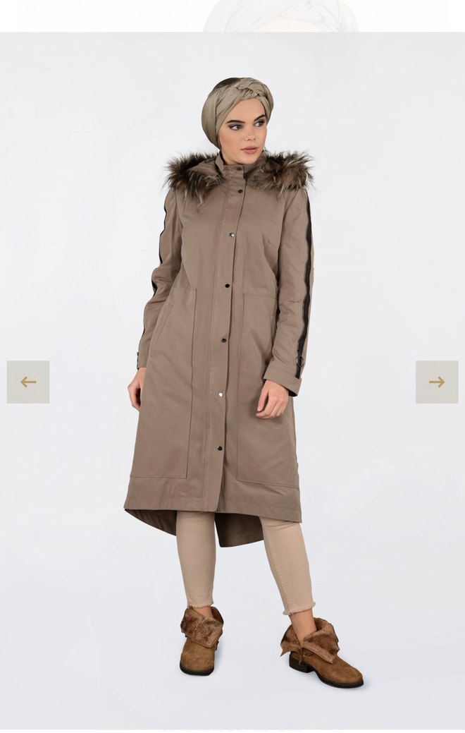 Kürklü Kapüşonlu Bej Kaban-parka - Görsel 4