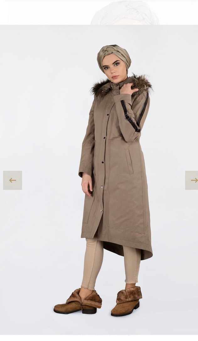 Kürklü Kapüşonlu Bej Kaban-parka - Görsel 3