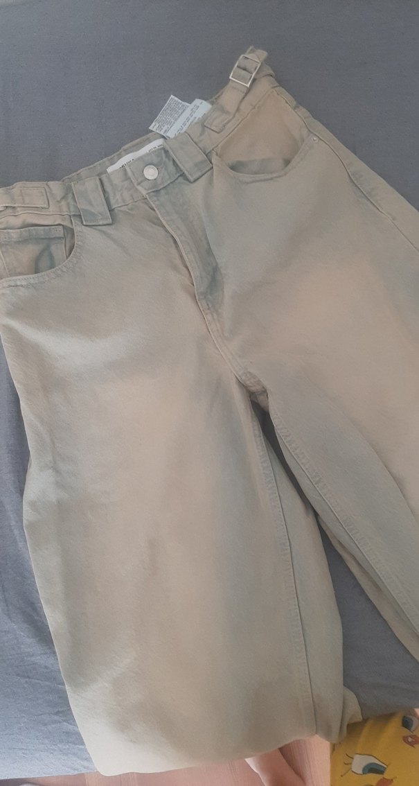 Bej Midi Kadın Bol Kesim Denim Pantolon - Görsel 3