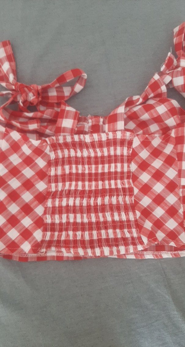 Düğmeli Kırmızı Ekose Mini Crop - Görsel 4