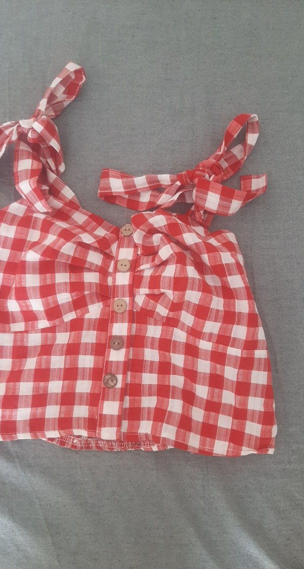 Düğmeli Kırmızı Ekose Mini Crop - Görsel 3