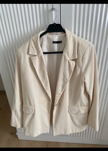 Bej Düğmeli Kadın Keten Blazer Ceket