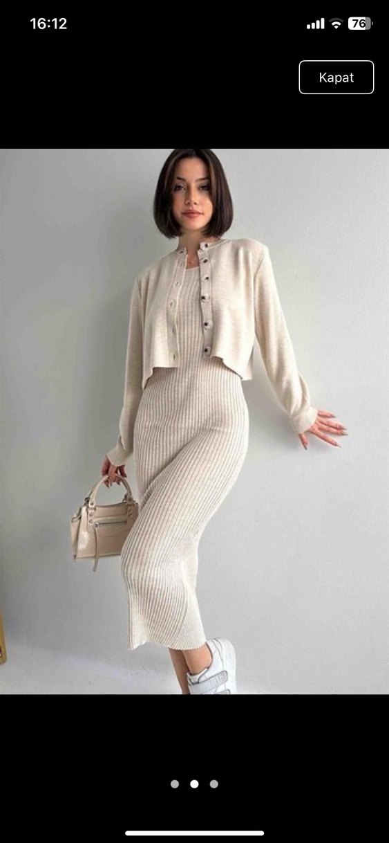 Düğmeli Bej Mini Triko Elbise - Görsel 2