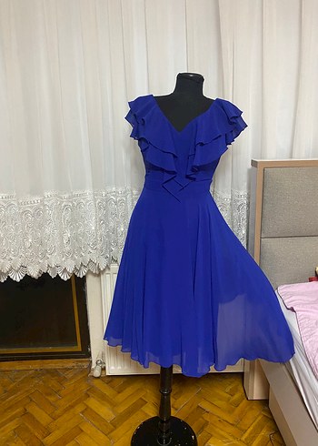 Saks mavisi Mini Fırfırlı V Yaka Elbise