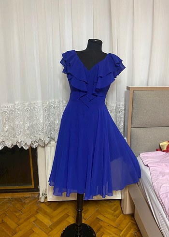 40 Beden Saks mavisi Mini Fırfırlı V Yaka Elbise