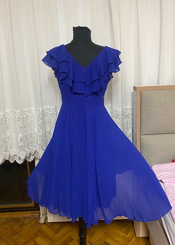 Diğer Saks mavisi Mini Fırfırlı V Yaka Elbise