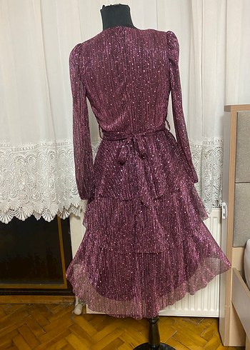 36 Beden mor Renk Mor Parlak Mini Bohem Elbise