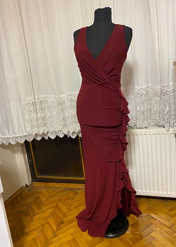 38 Beden Bordo volan detaylı Uzun Abiye Elbise