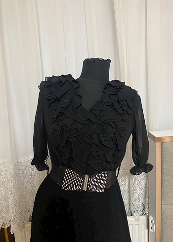 Diğer Fırfırlı Siyah Uzun V Yaka Gotik Elbise