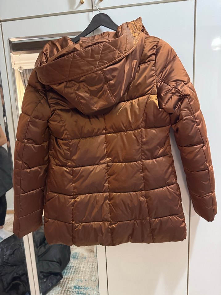 Düğmeli, Kahverengi Kadın Deri Kışlık Mont - Görsel 3