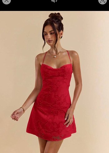 Shein Kırmızı V Yakalı Dantel Detaylı Mini Elbise