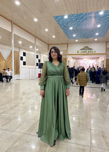 Kadın Şık V Yaka Uzun Haki Elbise