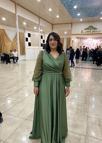 Abiye Kadın Şık V Yaka Uzun Haki Elbise