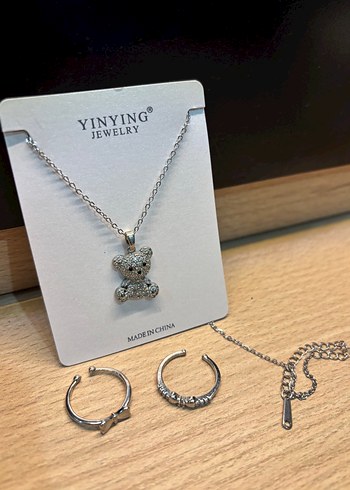Silver Mini Ayıcık Kolye ve 2 Tane Silver Yüzük