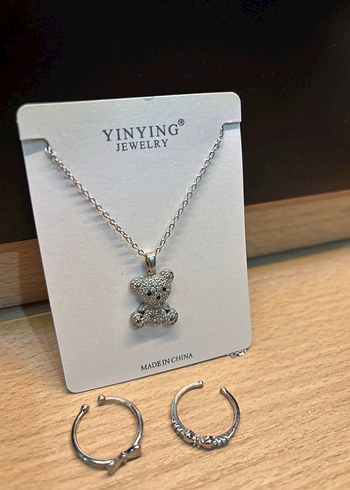 Accessorize Silver Mini Ayıcık Kolye ve 2 Tane Silver Yüzük