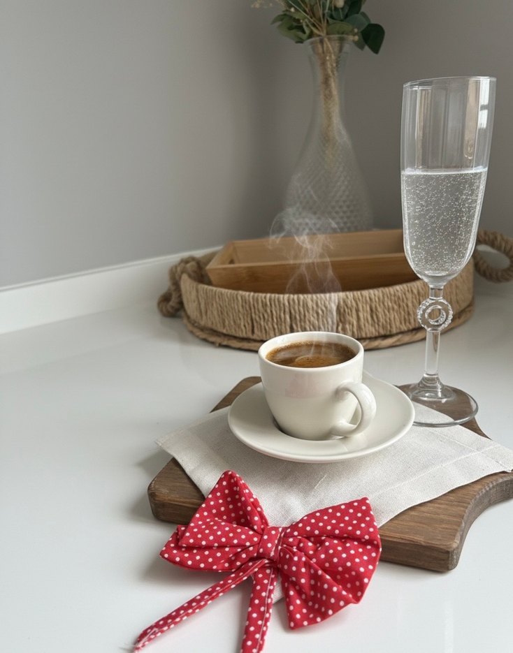 Kırmızı Puantiye fiyonklu kahve sunum peçetesi - Görsel 3