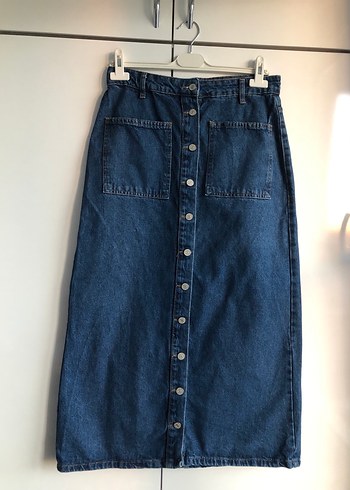 Düğmeli Lacivert Midi Denim Etek