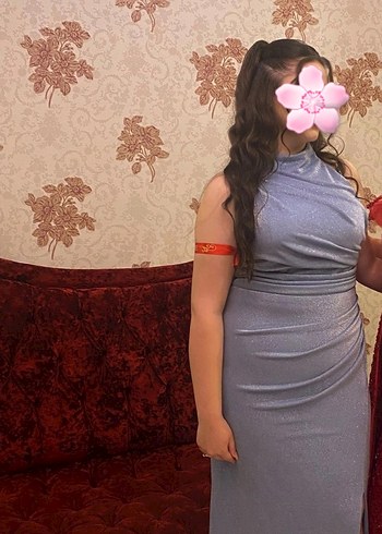 simli buz mavisi yırtmaçlı elbise - Görsel 2