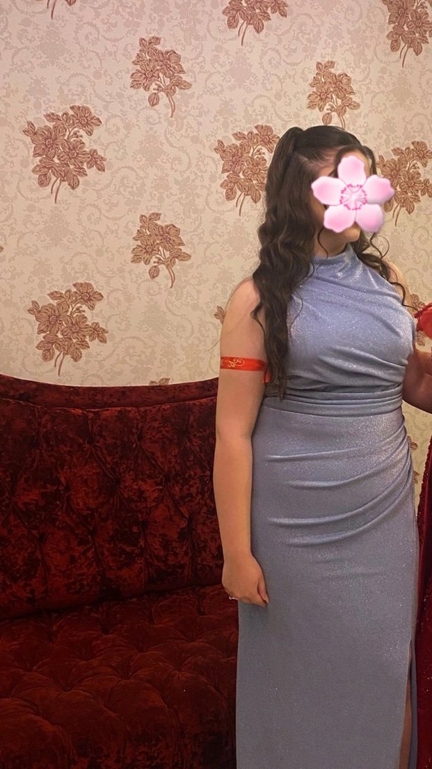 simli buz mavisi yırtmaçlı elbise - Görsel 2