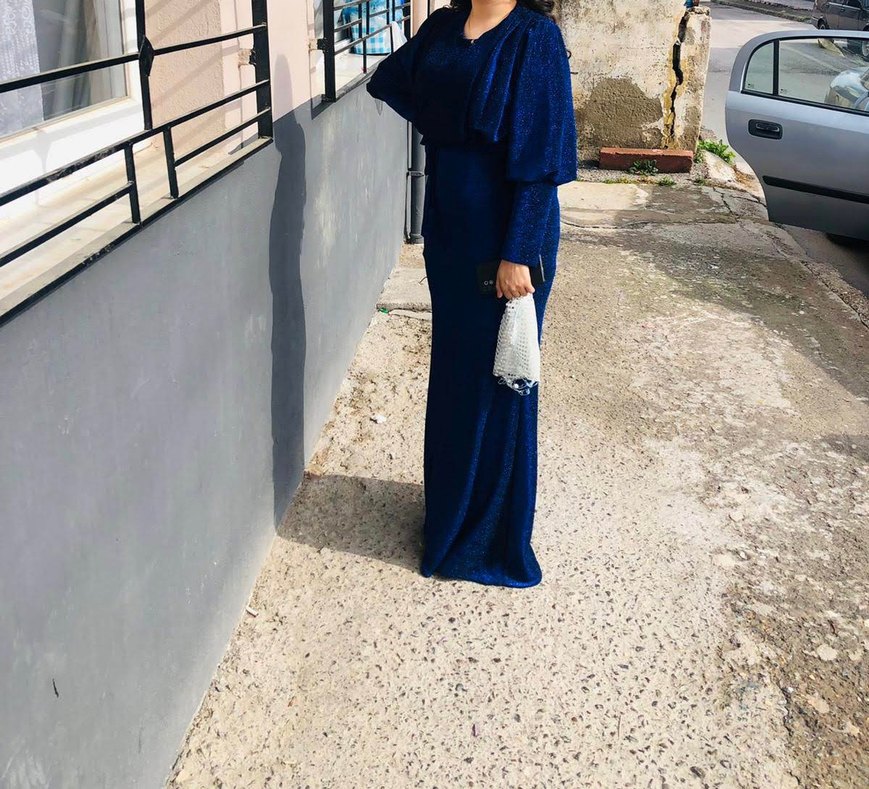 Parlak Mavi V Yakalı Kadın Abiye Elbise - Görsel 2