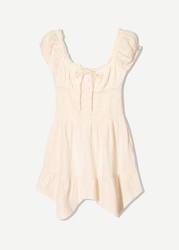 BERSHKA  Fırfırlı rustik dokulu Mini Elbise - Görsel 2