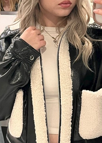 Kürklü Siyah Mini Deri Ceket - Görsel 4