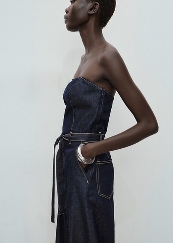 Kadın Lacivert Kot Tulum - Askılı, Kemerli - Görsel 2