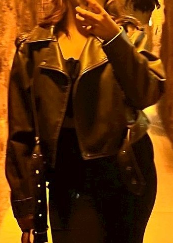 Kemerli Siyah Deri Biker Ceket - Görsel 2