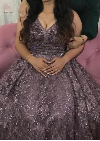 V Yaka lila mor alt tonda  Uzun Abiye Elbise - Görsel 3