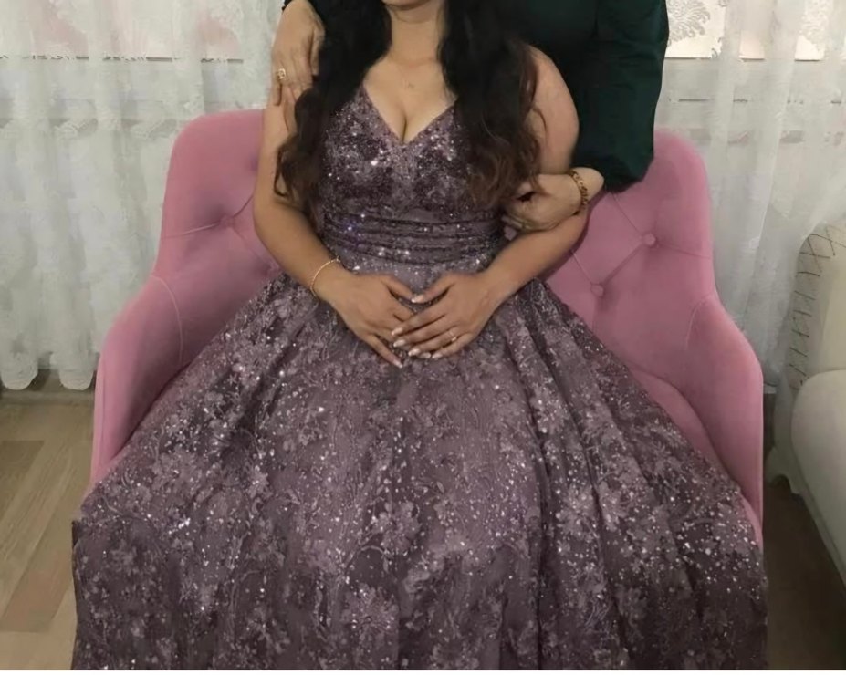 V Yaka lila mor alt tonda  Uzun Abiye Elbise - Görsel 3