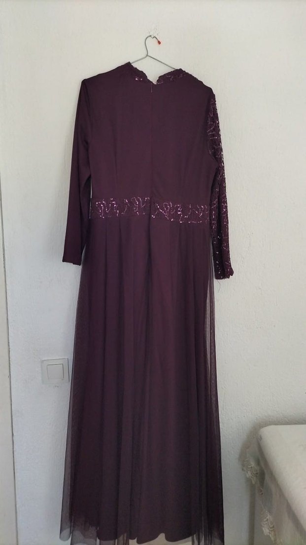 Uzun Kollu Mor Drapeli Abiye Elbise - Görsel 2